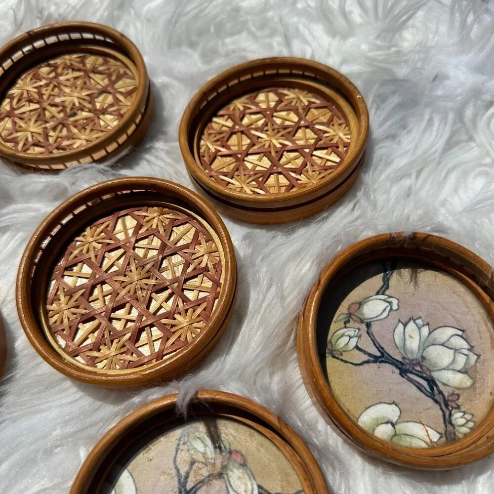 Vintage 7 Piece Set Bamboo Boho Coasters Ornate Midcentury Retro Mod Geo Decor
